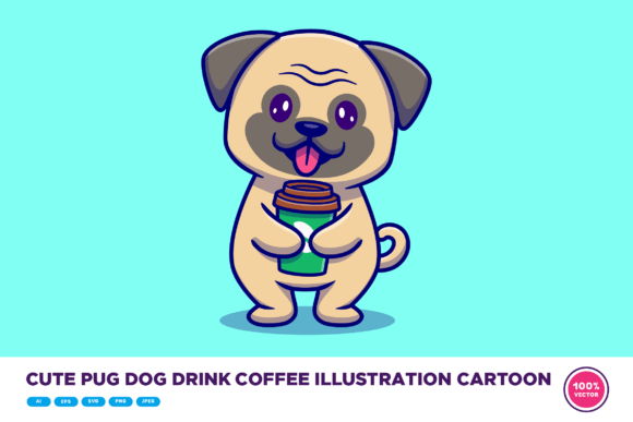 Cute Pug Dog Drink Coffee Illustration: Graphics & Illustrations for Local Brands