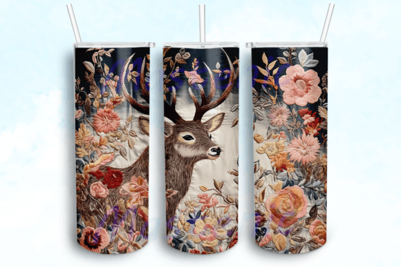 Embroidered Deer Floral Tumbler Graphics for Crafts