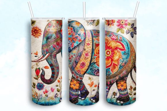 Embroidered Elephant Flower Tumbler PNG: Graphics for Crafts & Content