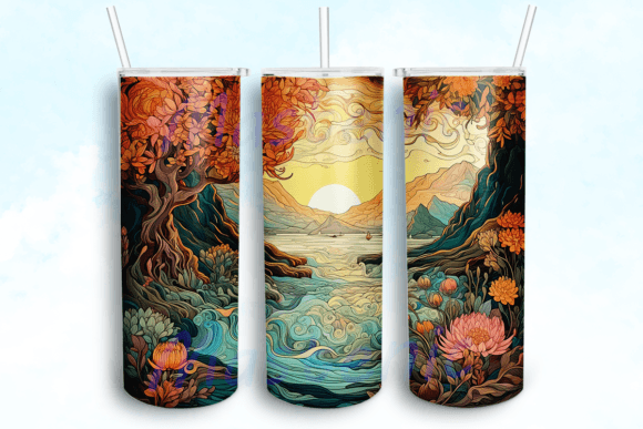 Embroidered River Design Tumbler PNG: Graphics for Crafts Sellers
